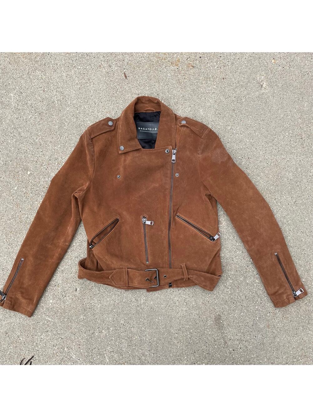 Bagatelle NYC Suede Moto Jacket Cognac Tan Cropped Asymmetric Womens M
